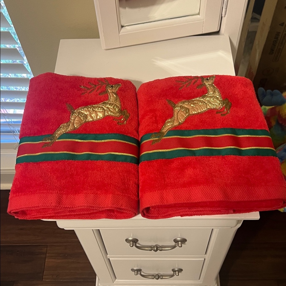Vintage Two Red Towels with Gold Deer Embroidery